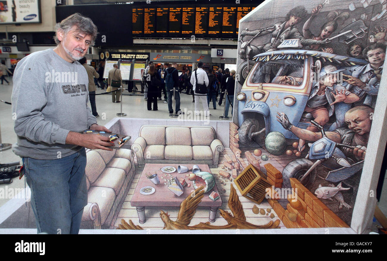 Artiste Kurt Wenner à Waterloo Station, Londres, avec ses œuvres en 3D. Banque D'Images