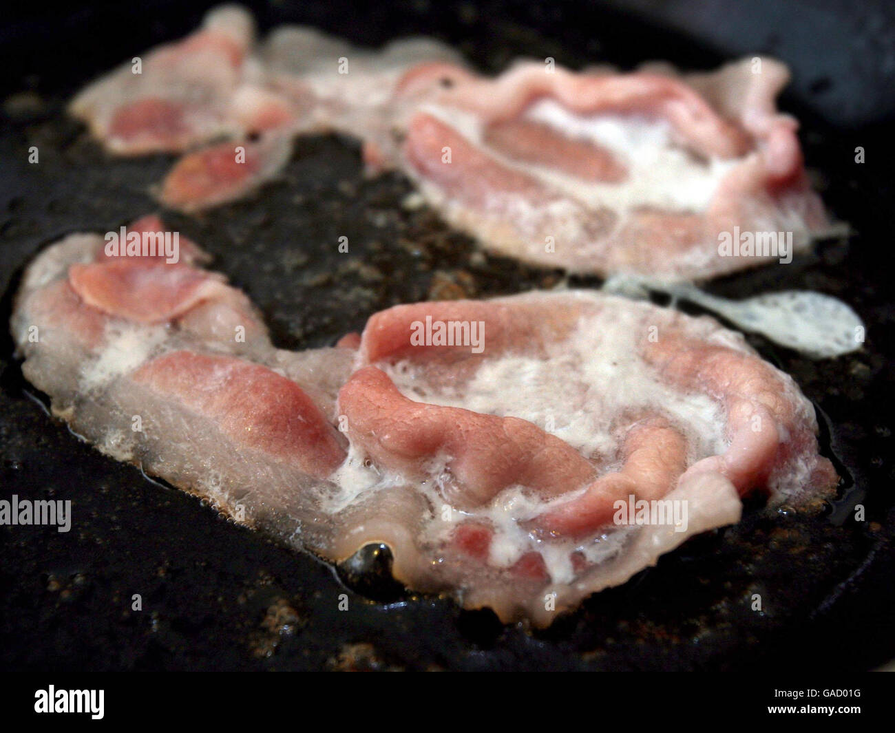 Les tranches de bacon sont frites dans l'huile après qu'une étude a révélé que la viande transformée, y compris le jambon et le bacon, était un facteur de risque pour le cancer de l'intestin que les gens devraient éviter complètement. Banque D'Images