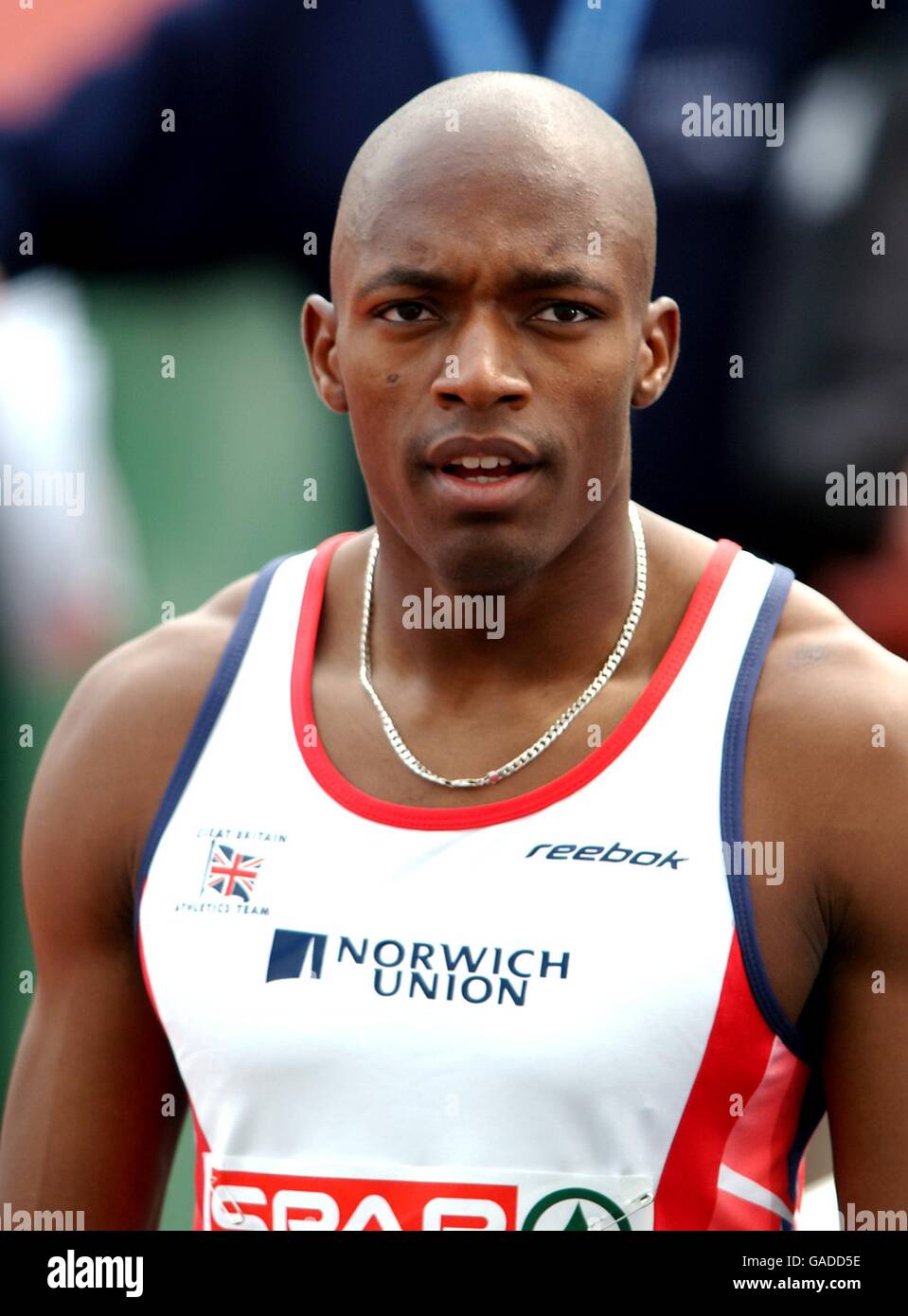 Athlétisme - Championnat européen d'athlétisme - Munich 2002 - hommes 200m 1er tour. Marlon Devonish en Grande-Bretagne Banque D'Images