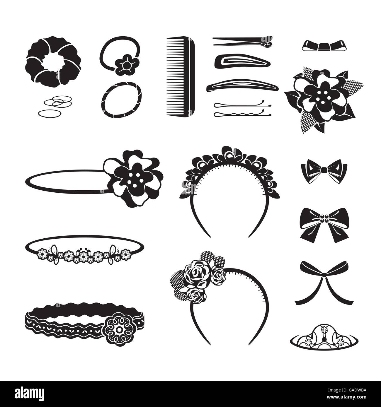Accessoires cheveux Ensemble d'objets, bandeau, en épingle à cheveux, peigne, élastique Illustration de Vecteur
