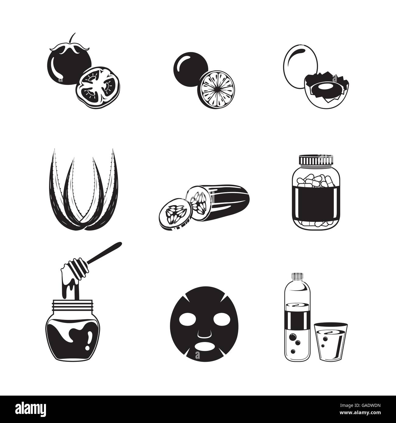 Santé de la peau Visage et Corps Icons Set, Monochrome, soin du visage, beauté, Cosmétiques, Maquillage, santé, mode de vie, la Mode Illustration de Vecteur