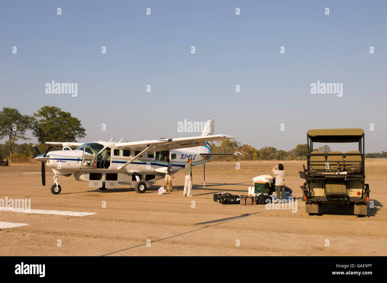 Vol vers Sefofane Kalamu Tented Camp, South Luangwa National Park, Zambie, Afrique Banque D'Images