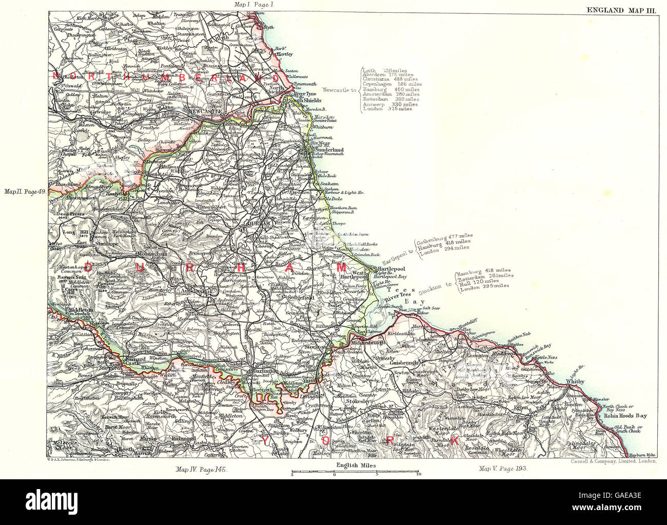 Sw ENGLAND COAST : Yorkshire Durham Northumberland Newcastle-upon-Tyne, 1893 map Banque D'Images