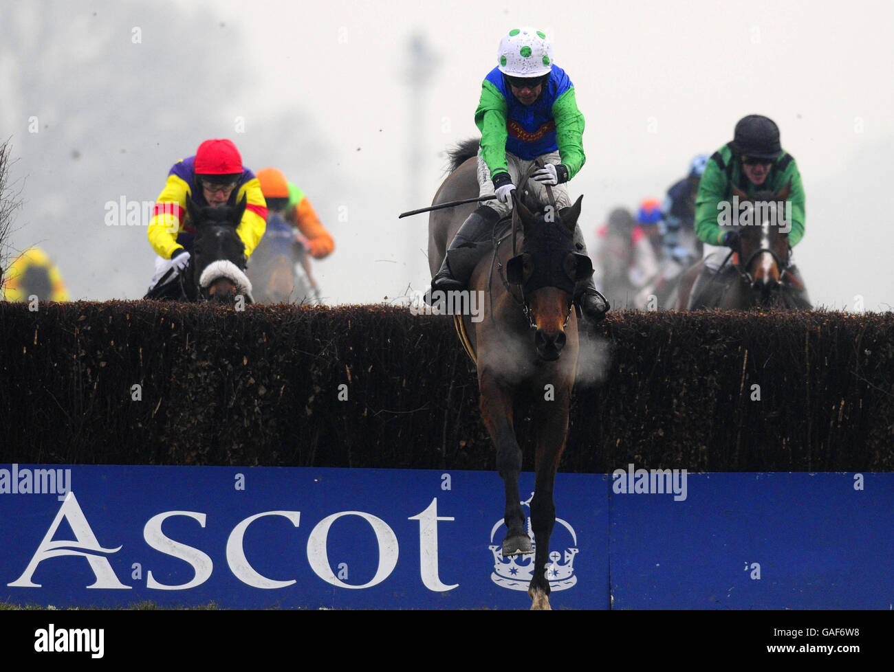 Courses hippiques - Hippodrome d'Ascot.Vodka Bleu juriée par Timmy Murphy sauter le dernier à gagner la BGC Silver Cup Handicap Chase à l'hippodrome d'Ascot. Banque D'Images