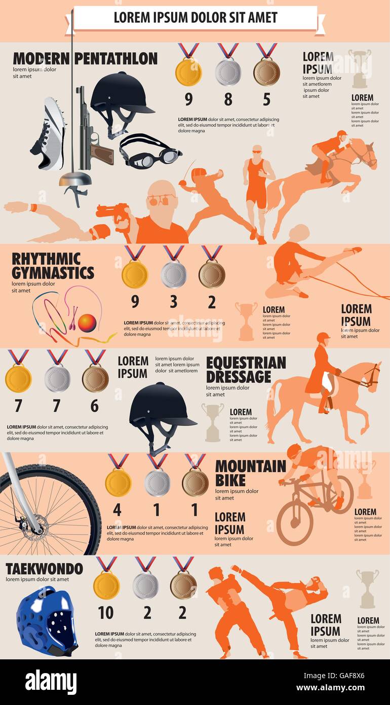 Des infographies montrant six types de sport, brève description de ce sport, le plus grand gagnant de médailles et quelques informations de plus. Illustration de Vecteur