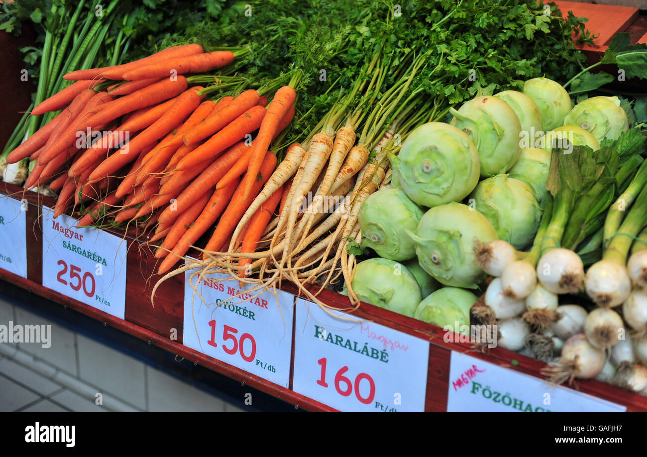 L'oignon, le chou, les carottes avec le signe en langue hongroise. Marché de l'alimentation principale de Budapest Banque D'Images