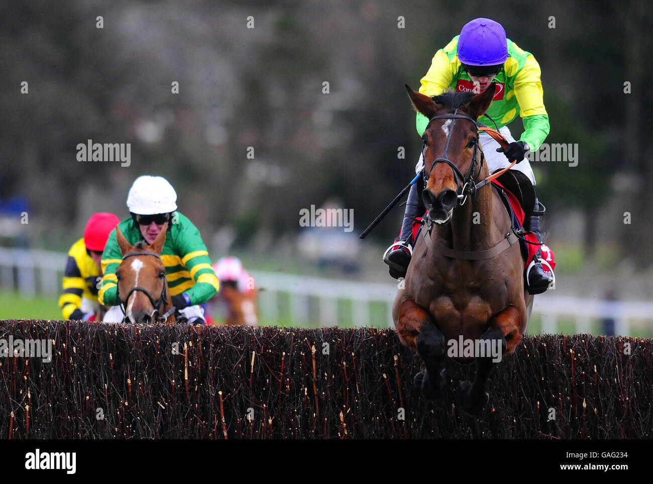 Master Minded et Ruby Walsh sautent le dernier pour gagner le Free 25 Bet partybets.com Chase à l'hippodrome de Sandown Park, Surrey. Banque D'Images