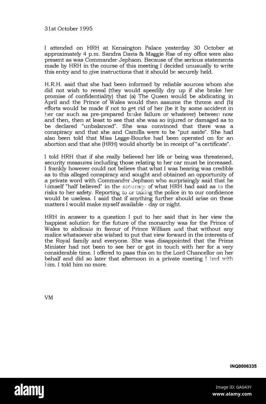 Note de Lord Mischon datée du 31/10/1995, qui a été montrée à l'enquête sur la mort de Diana, princesse de Galles, à la haute Cour de Londres. Banque D'Images