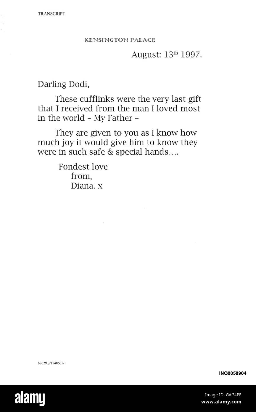 Note de la princesse Diana à Dodi Al Fayed datée du 13/8/1997, qui a été montrée à l'enquête sur la mort de Diana, princesse de Galles à la haute Cour de Londres. Banque D'Images