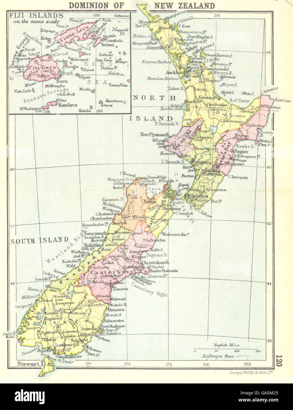 Nouvelle-zélande : Dominion de : carte grande échelle Fiji ; petite carte, 1912 Banque D'Images
