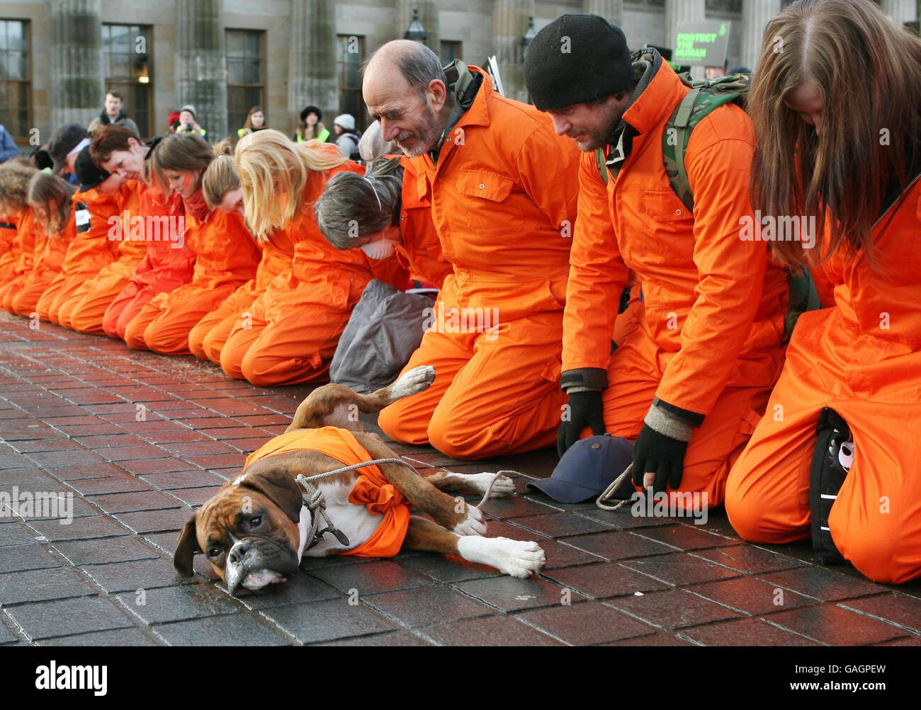 Les manifestants s'agenouillent dans une ligne sur Princes Street, à Édimbourg, appelant à la fermeture de la baie de Guantanamo à l'occasion du sixième anniversaire de l'arrivée des premiers détenus. Banque D'Images