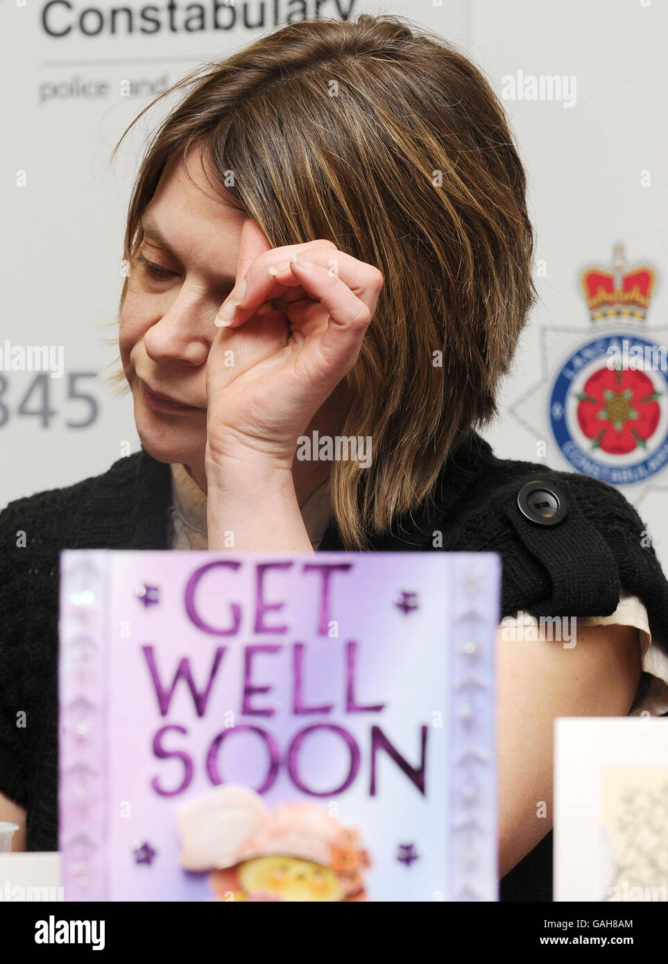 Jill Walmsley, mère de Jessica Knight, victime de coups de couteau de 14 ans, lors d'une conférence de presse au quartier général du Lancashire Constabulary, à Hutton, près de Preston. Banque D'Images