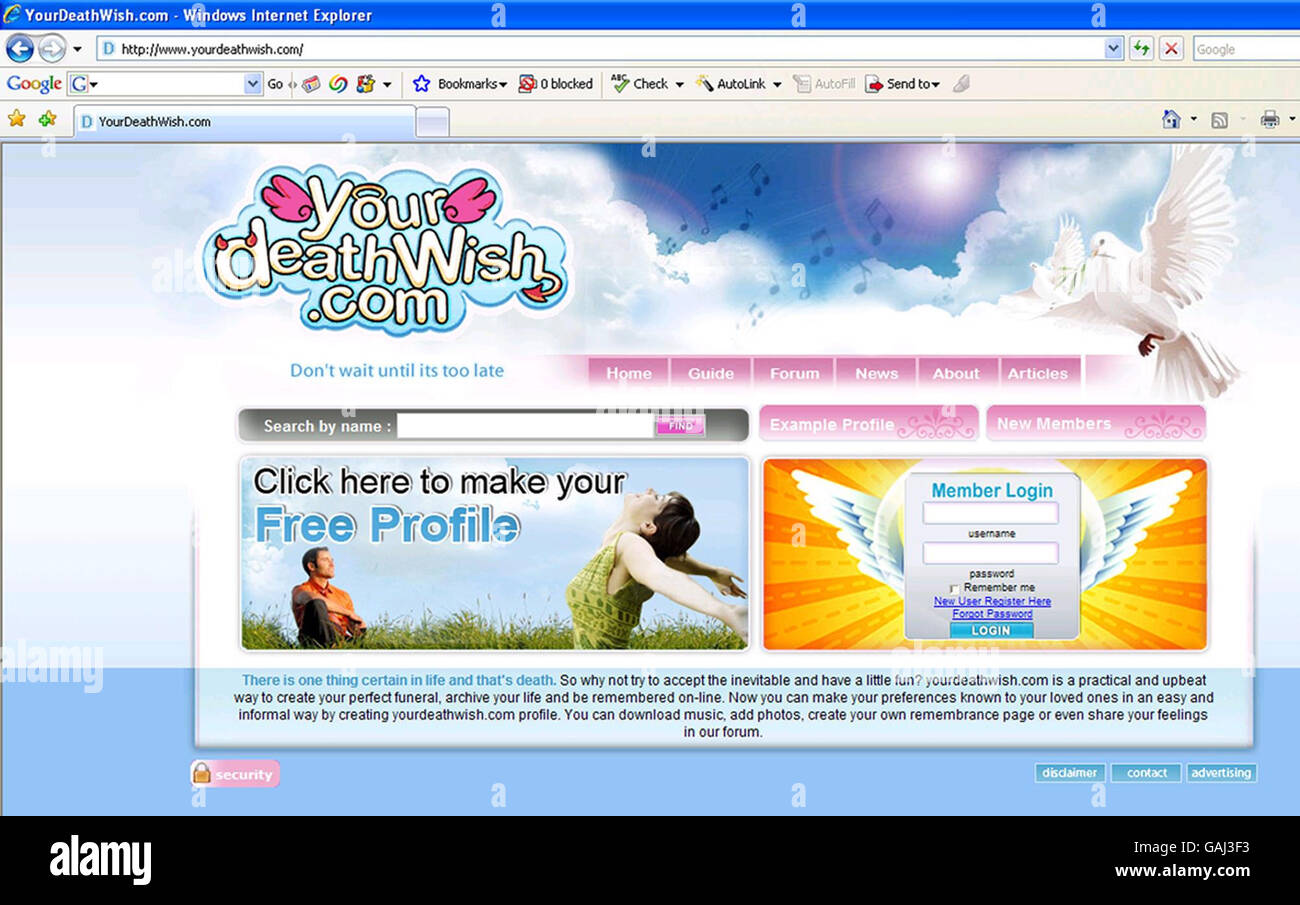 Screengrab pour le site yourdeathwish.com.Un nouveau site Web offre aux gens la chance de planifier leurs funérailles parfaites. Banque D'Images
