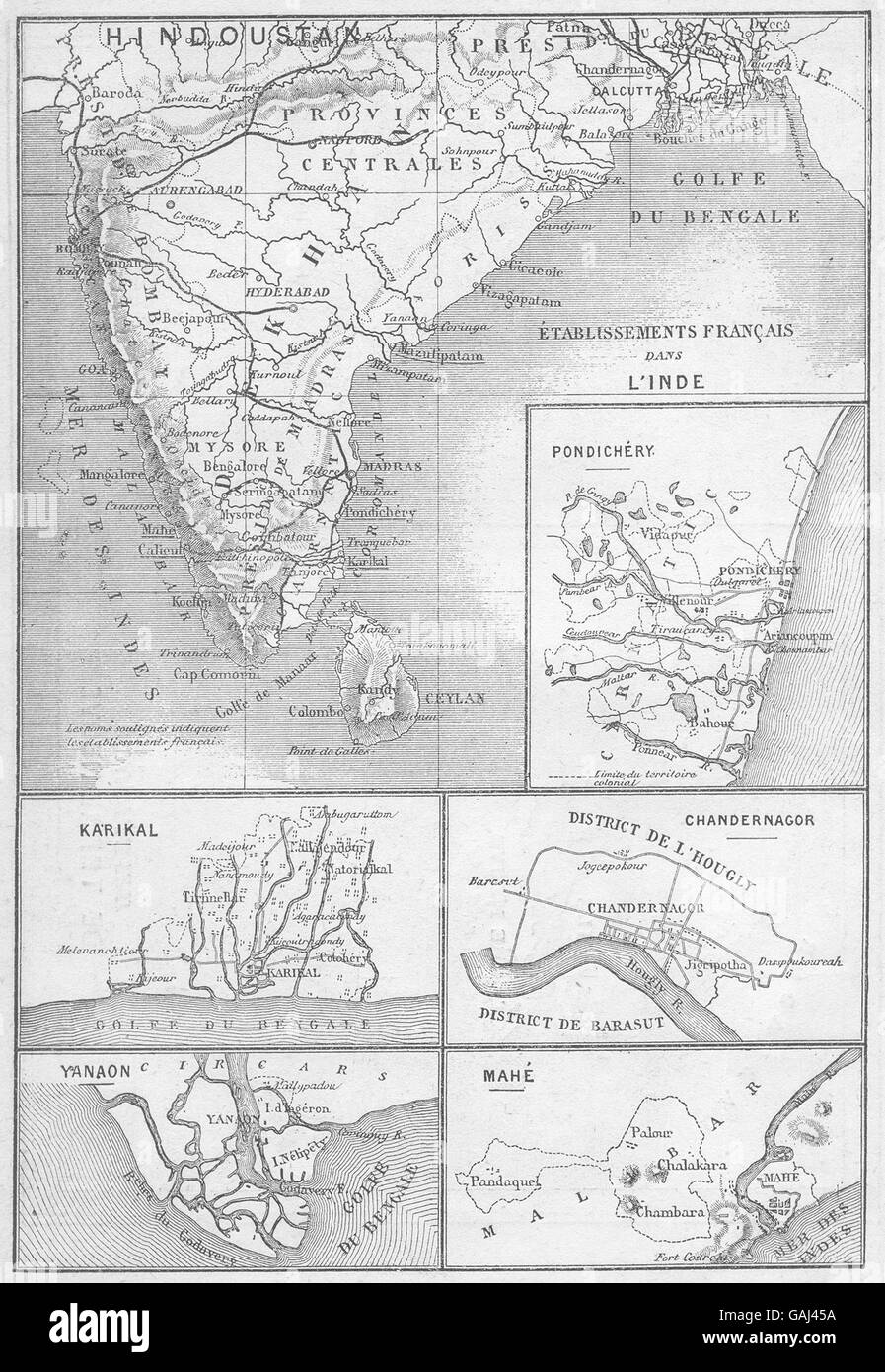 Les possessions de l'INDE : L'Inde Pondichery Karikal, Mahé, Yanaon Chandannagar map 1878 Banque D'Images