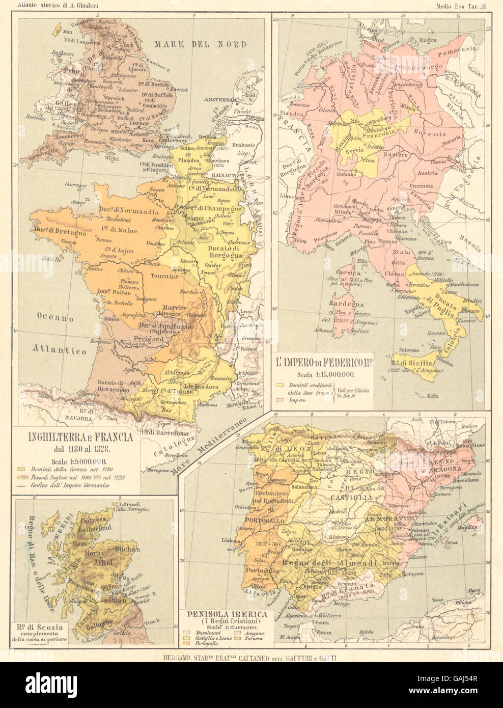 EUROPE : Inghilterra Francia 13C impero Federicoiio Ro Scozia Iberica, 1889 map Banque D'Images