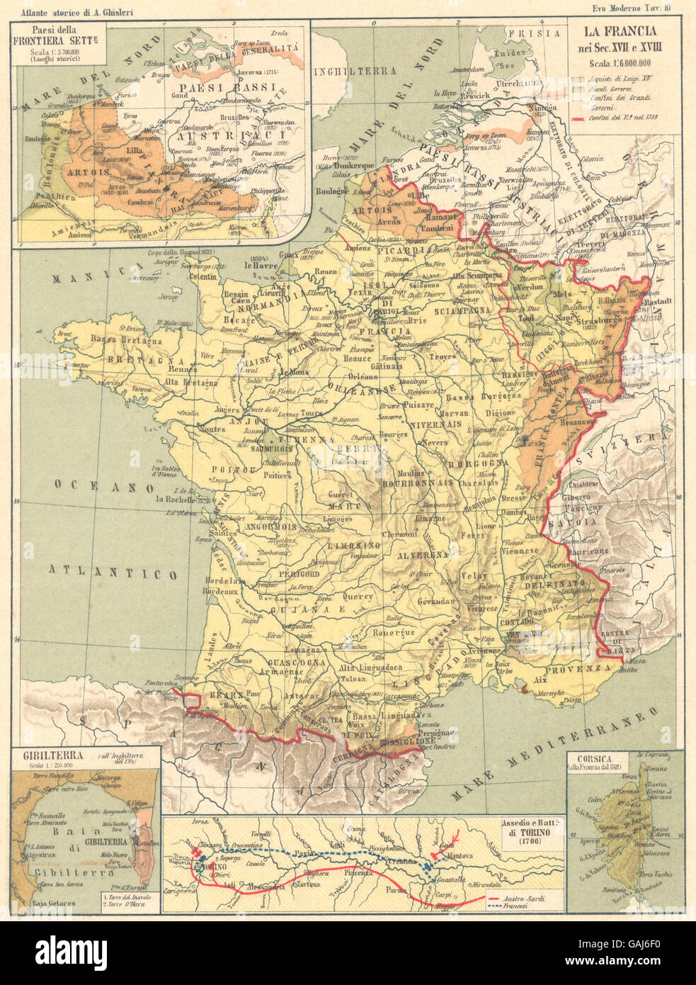 FRANCIA 17-18 C : Frontiera Sette ; Gibilterra ; Assedio Torino ; Corse, carte 1889 Banque D'Images