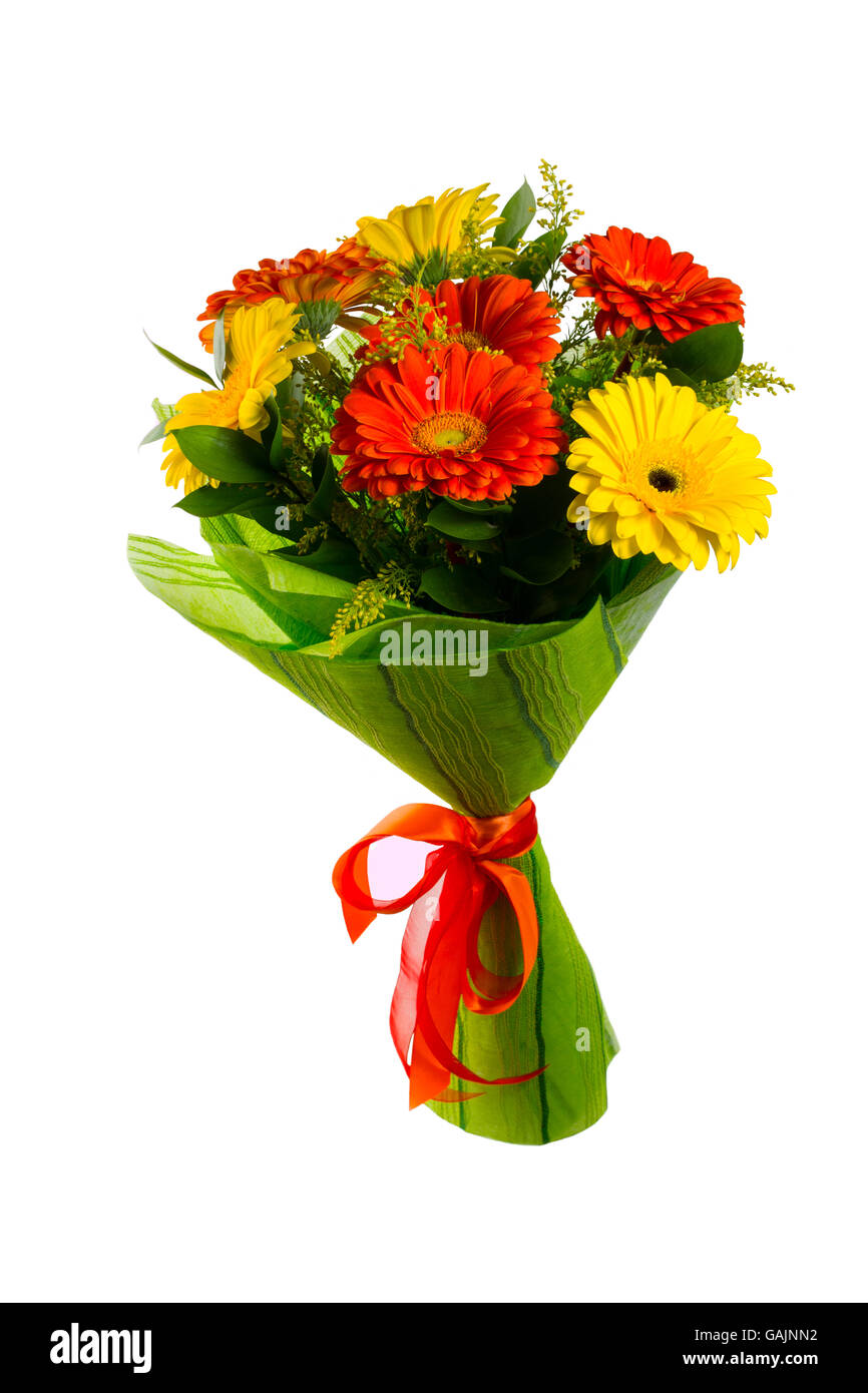 Bouquet de fleurs jaune et rouge isolé sur blanc. Message d'arrière-plan. Fleurs carte de vœux. Carte de vœux. Heureuse Fête des Mères. Banque D'Images