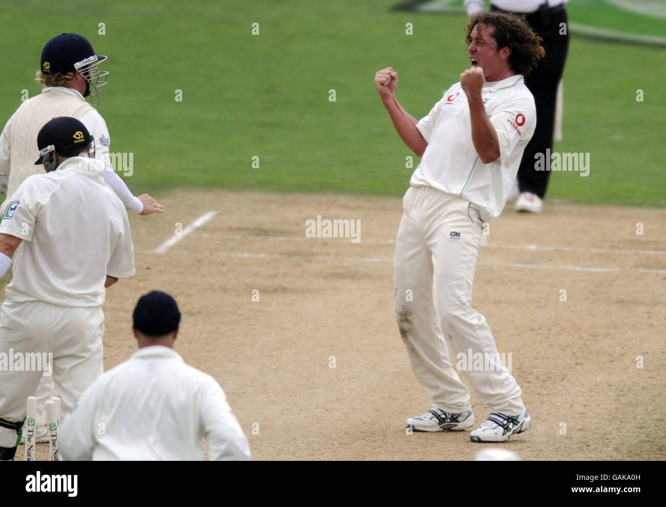 Cricket - Nouvelle-Zélande / Angleterre - 3e Test - 2e jour - Napier.Ryan Sidebottom (à droite), en Angleterre, célèbre le bowling Brendon McCullum, en Nouvelle-Zélande, lors du 3e test à McLean Park, Napier, en Nouvelle-Zélande. Banque D'Images