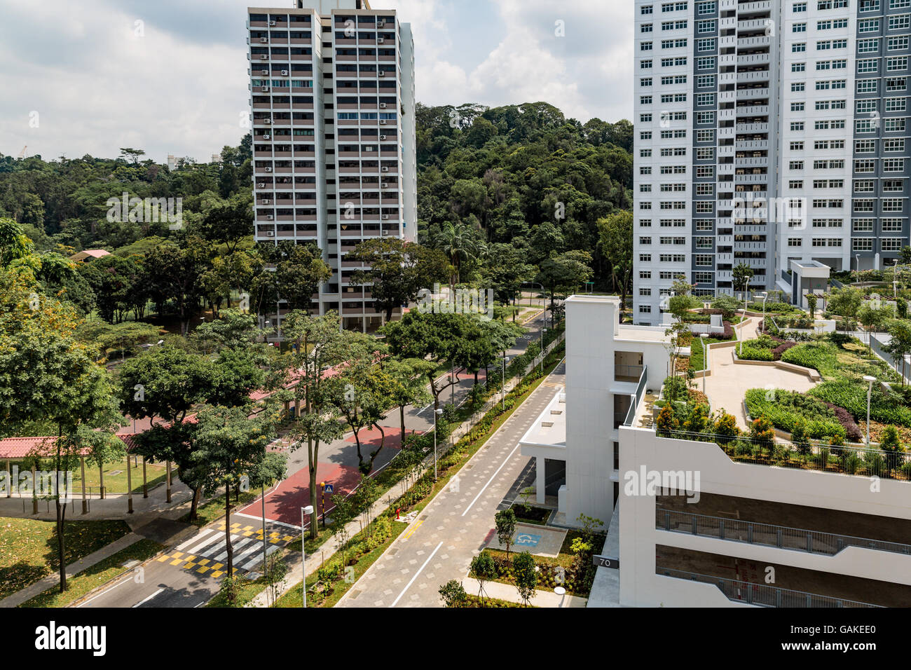 Jardin sur le toit au-dessus de parc de logements publics de Singapour (logement du développement a) les immeubles à appartements. Banque D'Images
