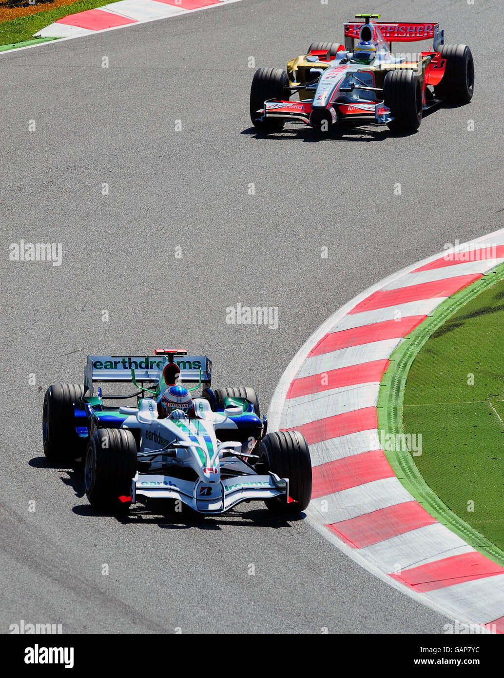 Course automobile Formula One - Grand Prix d'Espagne - qualification - circuit de Catalunya.Jenson Button, pilote de la Grande-Bretagne et de Honda, pendant les essais libres sur le circuit de Catalunya à Barcelone. Banque D'Images