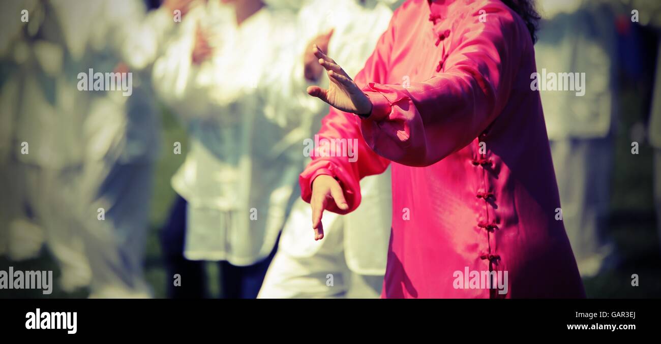 Tai Chi art martial avec femme robe en soie rose parfaitement exécuter les exercices dans le grand parc public Banque D'Images