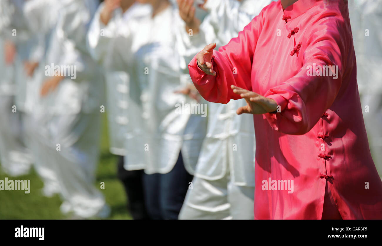 Tai Chi art martial avec femme robe en soie rose parfaitement exécuter les exercices dans le grand parc public Banque D'Images