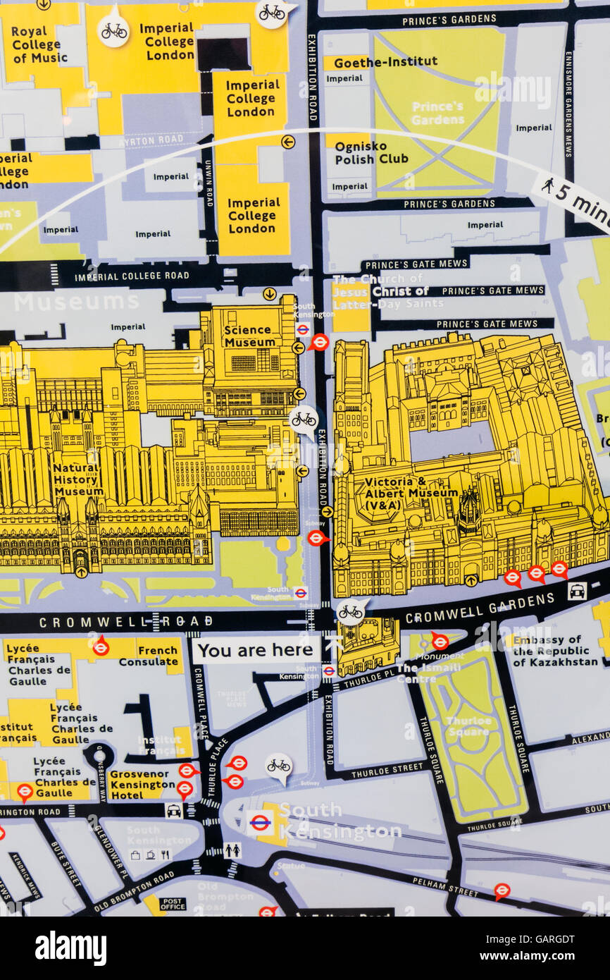 L'Angleterre, Londres, Street Map of South Kensingston Salon montrant les musées Banque D'Images