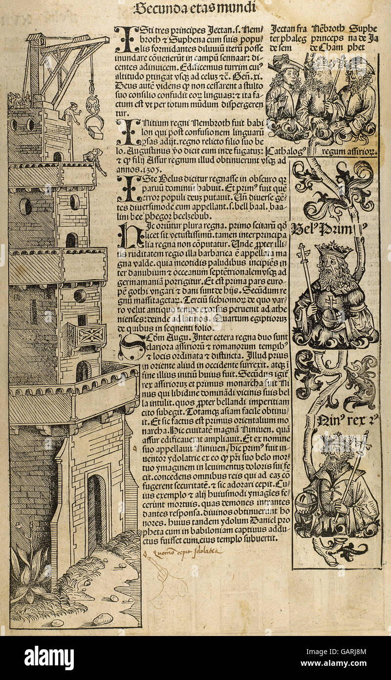 La construction de la Tour de Babel. Secunda etas mundi. Gravure, 16ème siècle. Banque D'Images