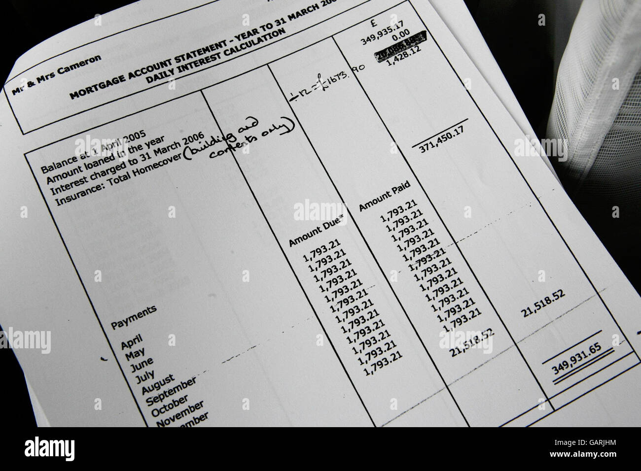 Un relevé de compte d'hypothèque au 01/05/2005 pour David Cameron et sa résidence à Oxfordshire, un des quelque 450 documents relatifs aux réclamations de dépenses de 14 députés, qui ont été remis aux médias par le Comité d'estimation des députés de la Chambre des communes. Banque D'Images