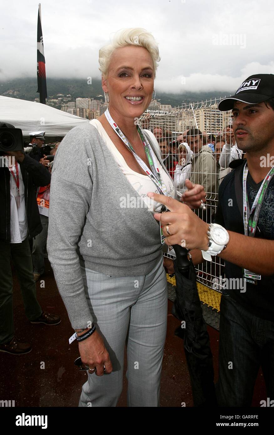 L'actrice danoise Brigitte Nielsen dans le paddock du circuit de Monaco, devant le Grand Prix de Monaco à Monte Carlo, Monaco. Date de la photo: Dimanche 25 mai 2008. Voir PA Story AUTO Monaco. Le crédit photo devrait se lire comme suit : David Davies/PA Wire. Banque D'Images