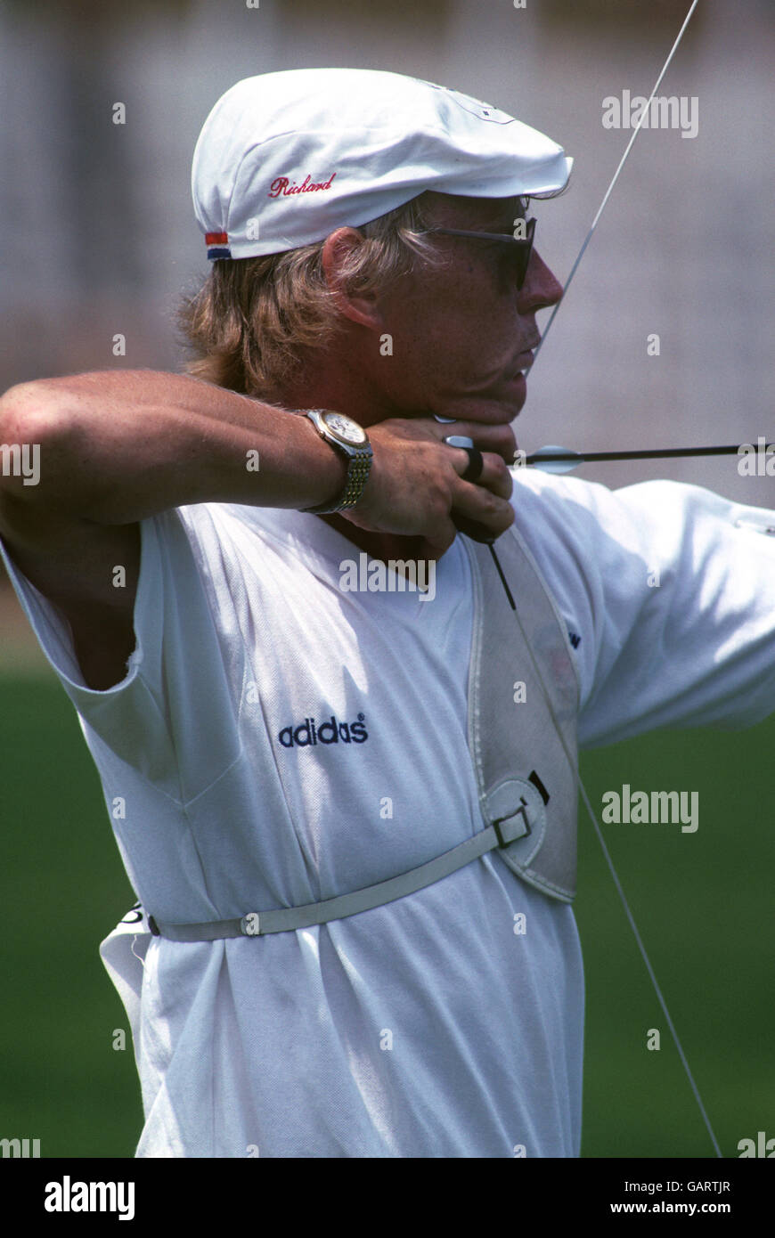 Richard Priestman, de Grande-Bretagne, qui a remporté la médaille de bronze de l'équipe aux Jeux Olympiques de Barcelone. Banque D'Images