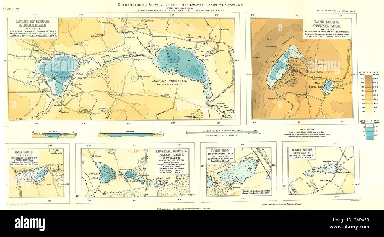 Les LOCHS ÉCOSSAIS:Long Pitlyal Drumellie Clunie;;Rae;Fingask,blanc noir, 1904 map Banque D'Images