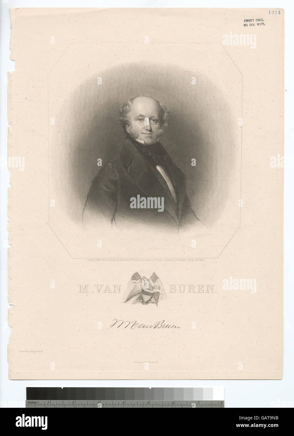 Un document historique ou un portrait de M. Van Buren, se référant peut-être à un individu notable, capturé à travers une série de méthodes artistiques ou de représentations. Banque D'Images