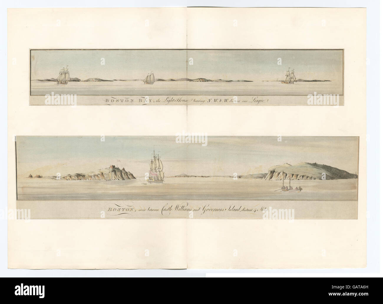 Une représentation historique de Boston Bay, mettant en valeur la vue depuis Castle Williams et Governors Island avec le phare au loin. Banque D'Images