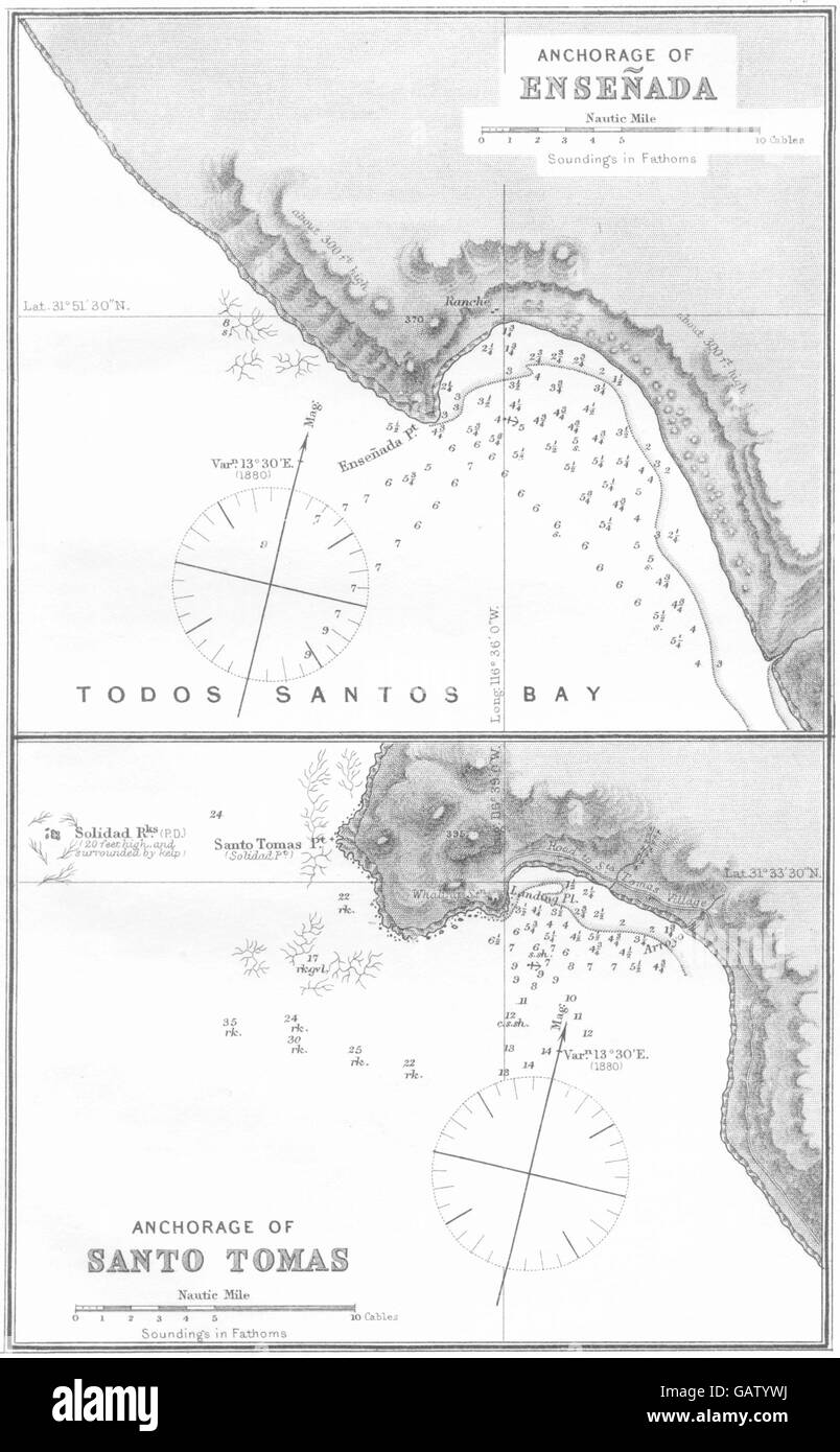 Mexique : la mer de mouillage d'Ensenada ; ancrage de Santo Tomas, 1881 map Banque D'Images