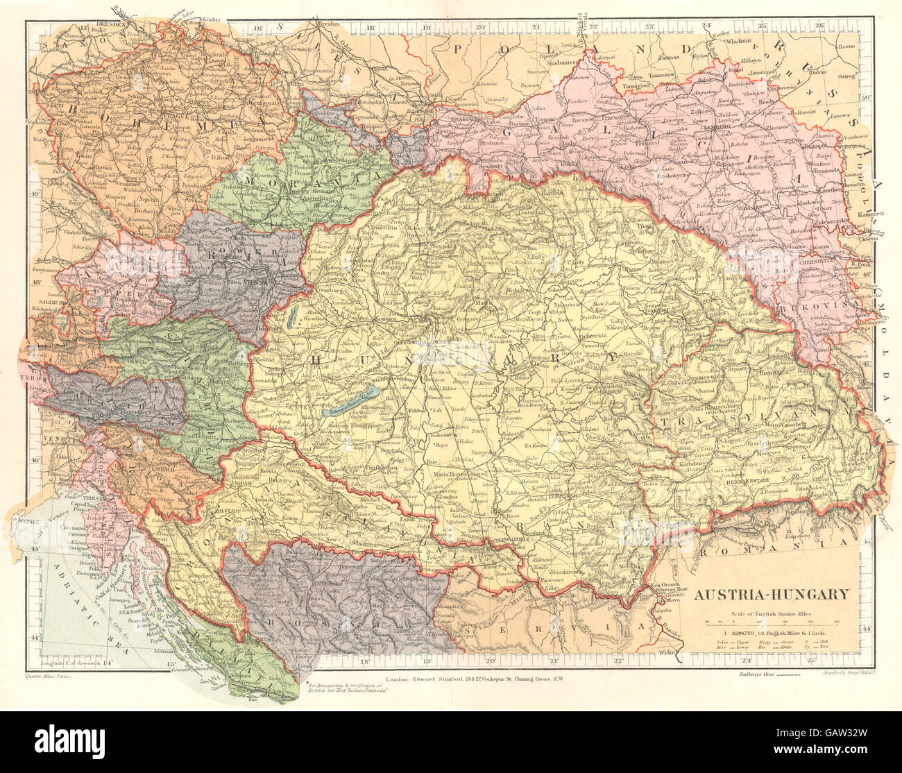 Autriche-HONGRIE : Galice La Bohême Moravie Styrie la Croatie. Stanford, 1892 map Banque D'Images