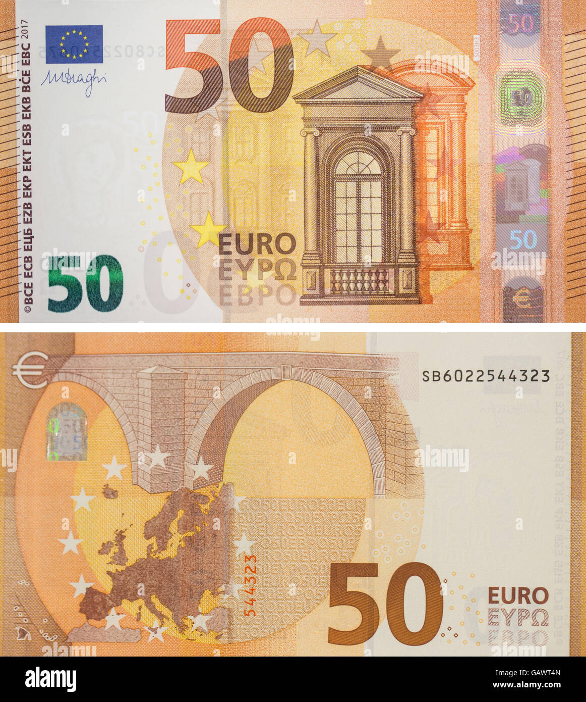Combo COMBO - un représentant le fromt (haut) et retour (en bas) du nouveau  billet de banque de 50 euros au siège de la Banque centrale européenne  (EZB) à Francfort/Main, Allemagne, 5