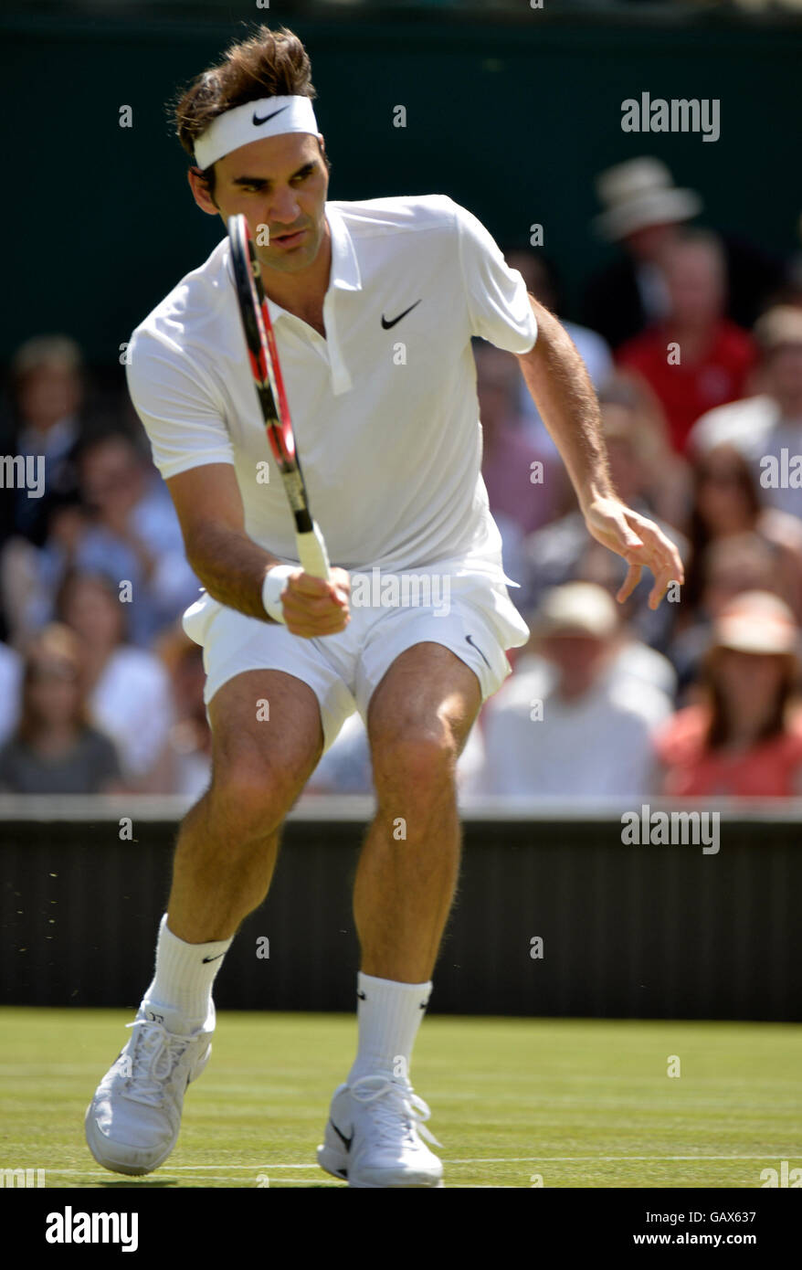 Londres, Royaume-Uni. 6 juillet, 2016. Tennis profils têtes de Wimbledon, Londres UK SUI Roger Federer Vs Marin Celiic CRO Federer en action pendant le match qu'il a gagné Crédit : Leo Mason/Alamy Live News Banque D'Images