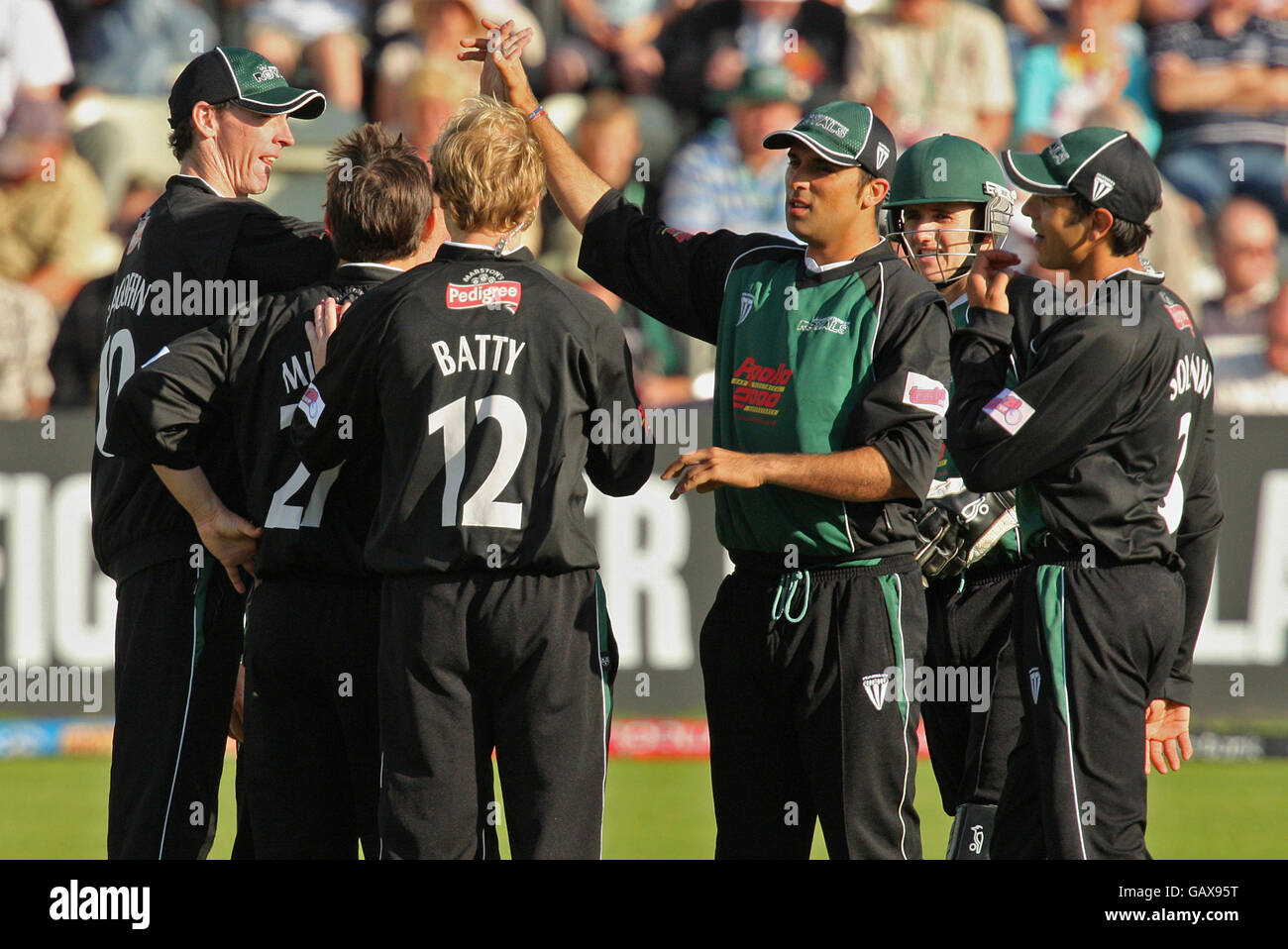 Cricket - Twenty20 Cup 2008 - Midlands/West/Wales Division - Worcestershire Royals / Somerset Sabers - New Road.Les joueurs de Worcester Royals célèbrent après que Daryl Mitchell a revendique le cricket de Ian Blackwell, de Somerset Sabers. Banque D'Images