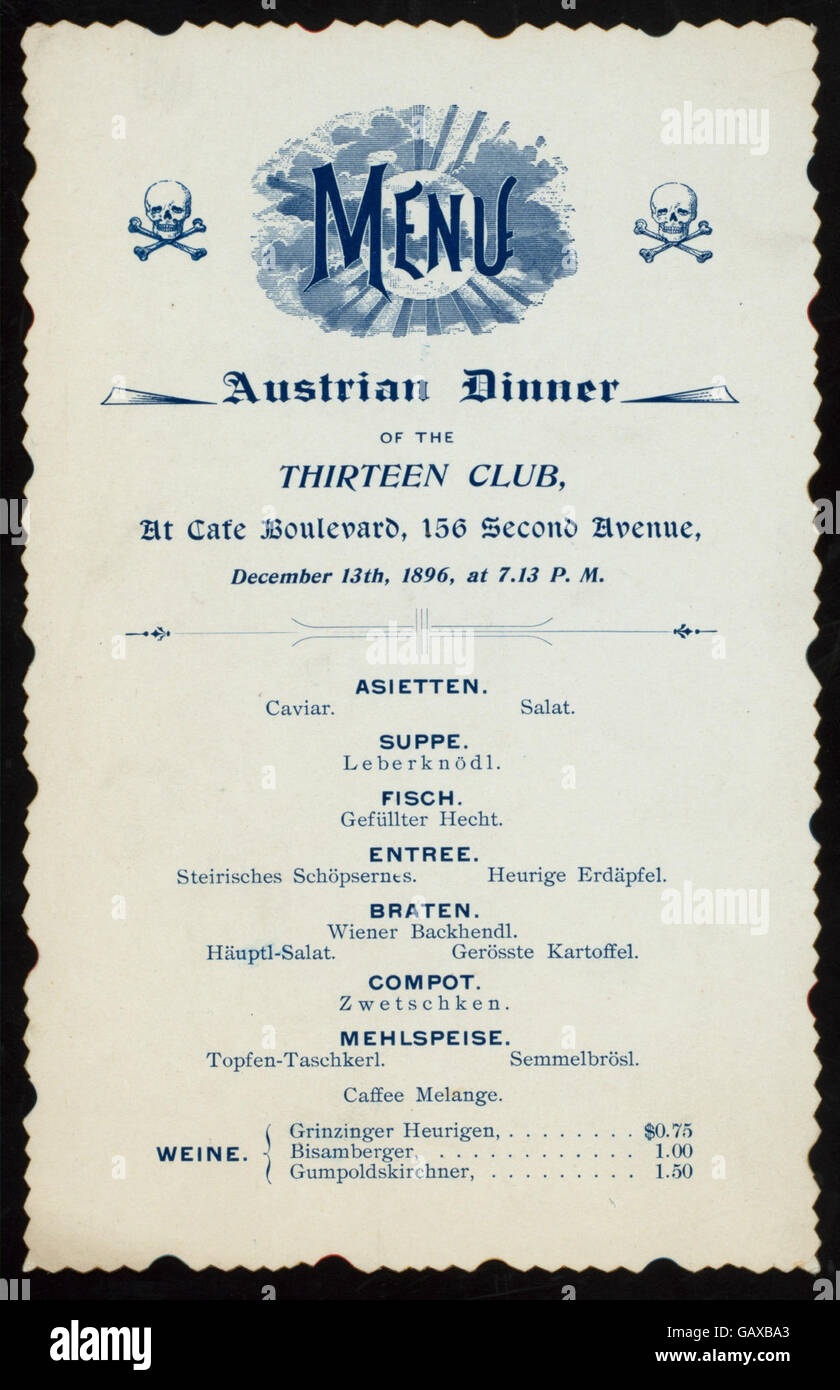 Le Thirteen Club a organisé un dîner au Café Boulevard à New York, NY. Connu pour ses rassemblements sociaux, ce club a probablement réuni des membres influents pour une soirée formelle de repas et de conversation. Banque D'Images