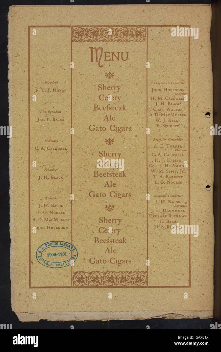 Un dîner beefsteak organisé par la Fraternité des voyageurs commerciaux au Walter D. Gilman's à Brooklyn, NYC. La référence Hadès-272029-4000006932 est liée à l'événement. Banque D'Images