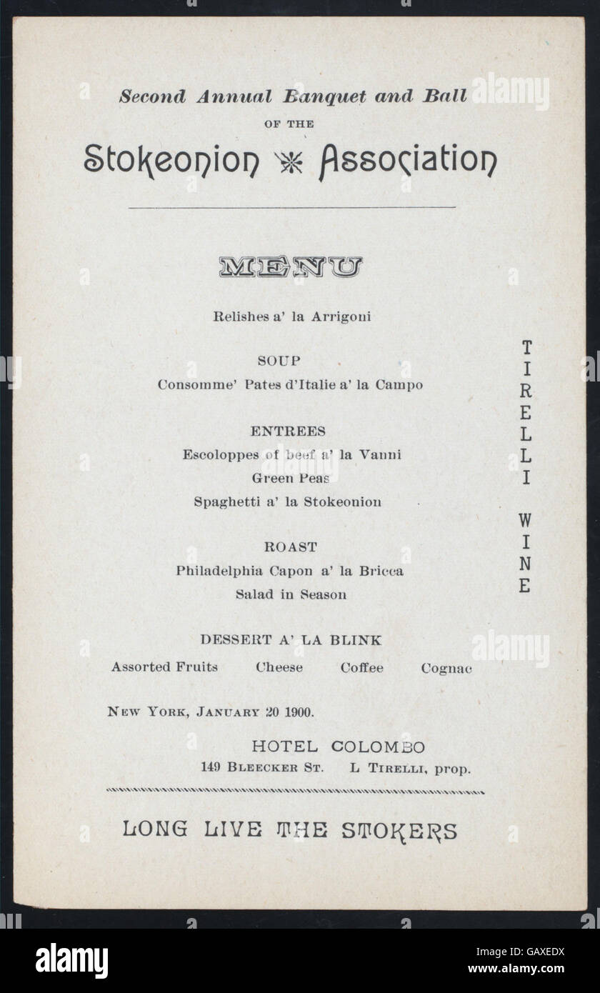 Deuxième Banquet annuel (détenus par STOKEONION) ASSOCIATION (à) l'hôtel Colombo, 149 BLEECKER STREET (NY) (HÔTEL ;) ( Hadès-272338-475306) Banque D'Images