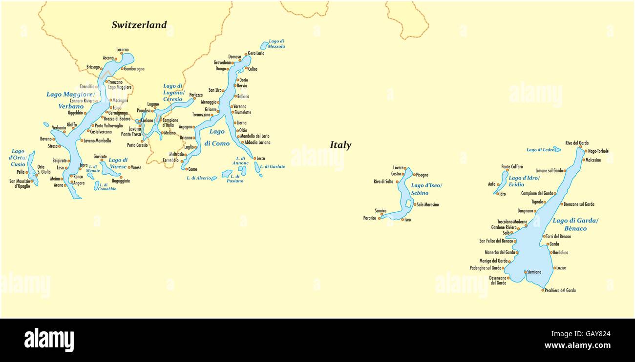 Carte De Vecteur Des Lacs Du Nord De L Italie Image Vectorielle Stock Alamy