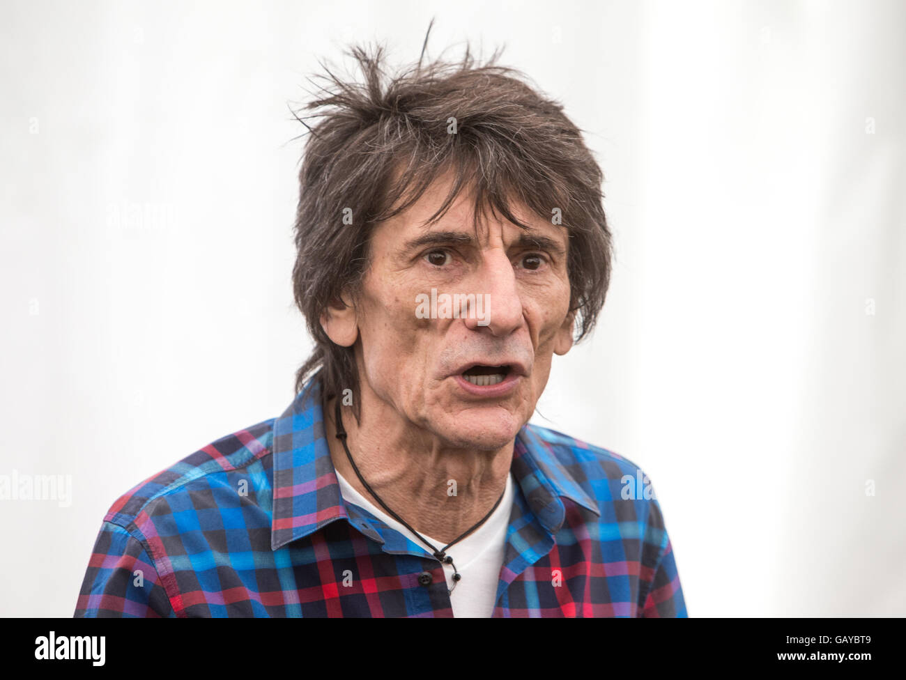 Le guitariste des Rolling Stones, Ronnie Wood à la RHS Hampton Court Flower show sur un stand qui soutiennent les personnes atteintes de cancer de l'intestin Banque D'Images