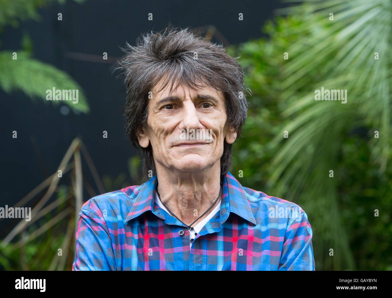 Le guitariste des Rolling Stones, Ronnie Wood à la RHS Hampton Court Flower show sur un stand qui soutiennent les personnes atteintes de cancer de l'intestin Banque D'Images