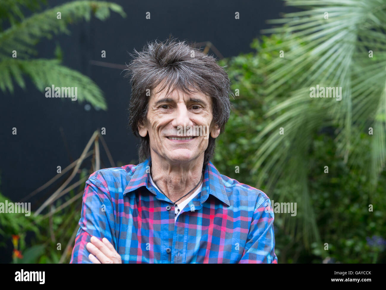Le guitariste des Rolling Stones, Ronnie Wood à la RHS Hampton Court Flower show sur un stand qui soutiennent les personnes atteintes de cancer de l'intestin Banque D'Images