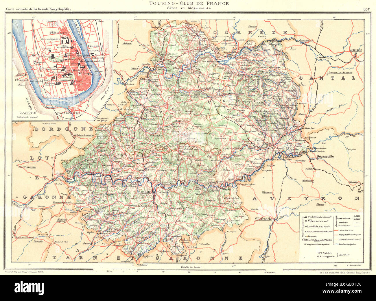 Département : LOT. Plan de la ville Plan de la ville intérieure de Cahors, 1904 Banque D'Images