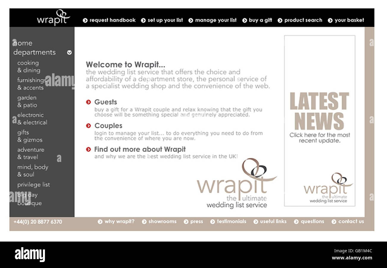 La société de cadeaux de mariage appelle les administrateurs.Capture d'écran non datée du site Web de Wrapit. Banque D'Images