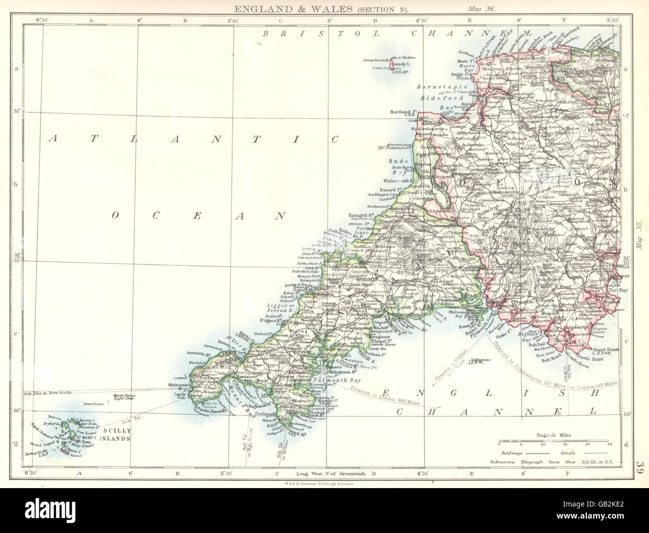 Le sud-ouest de l'Angleterre : Cornwall Devon Îles Scilly, 1897 carte antique Banque D'Images