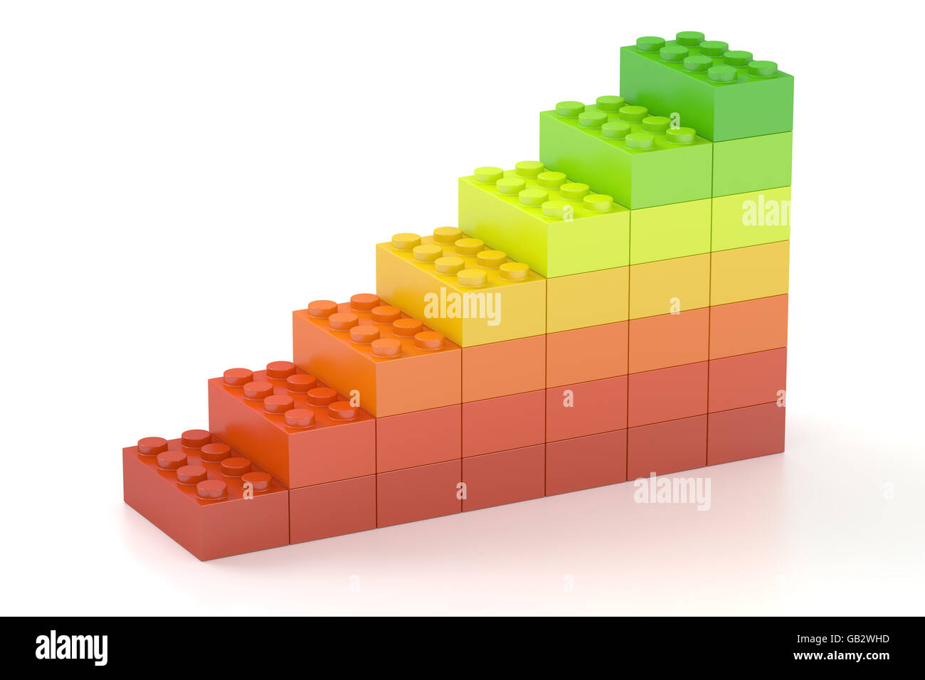 Diagramme à barres de plus en plus de bâtiment couleur toy blocks, rendu 3D isolé sur fond blanc Banque D'Images